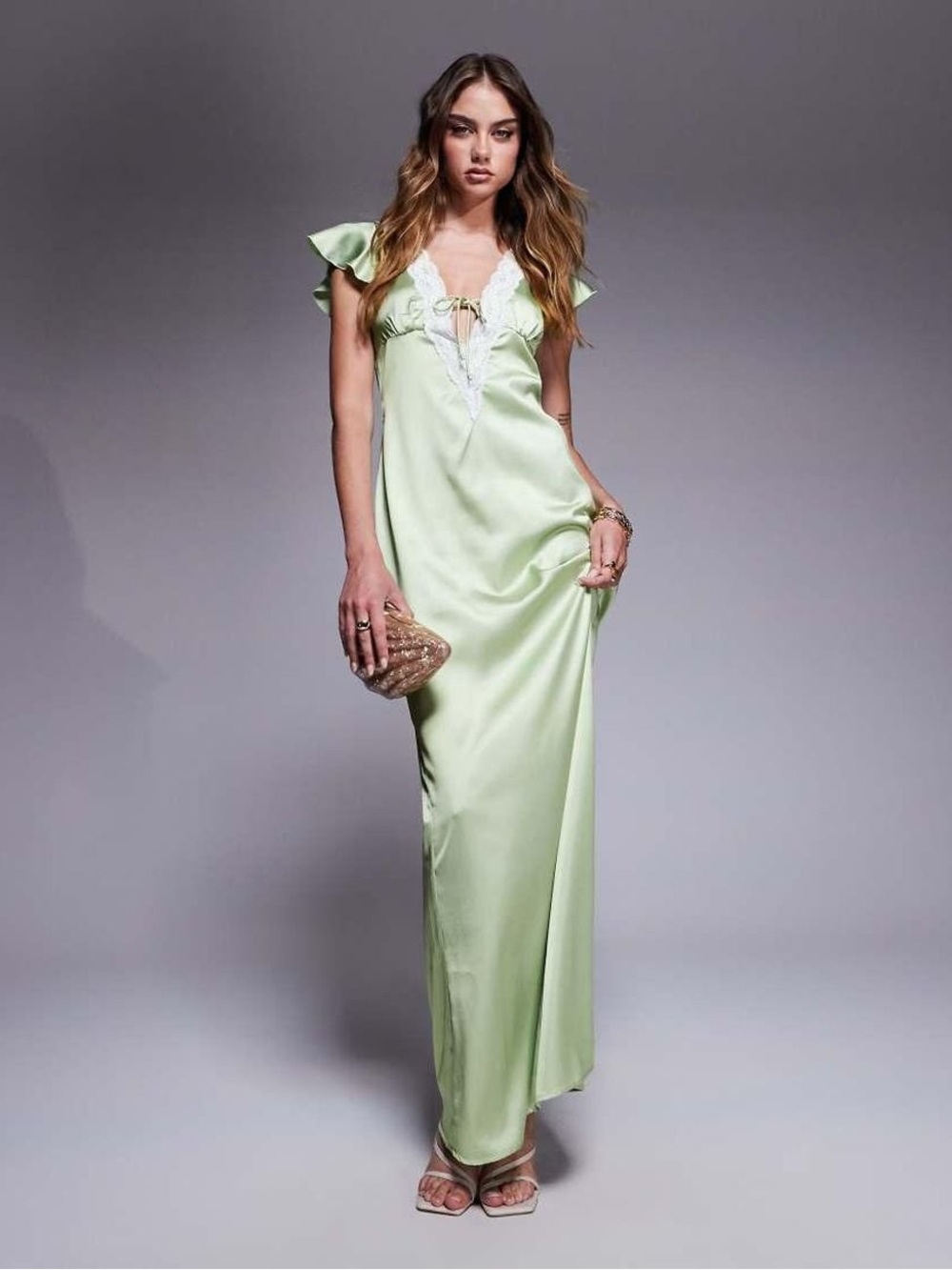 Princess Polly Light Green Satin Maxi Dress with Lace Detail